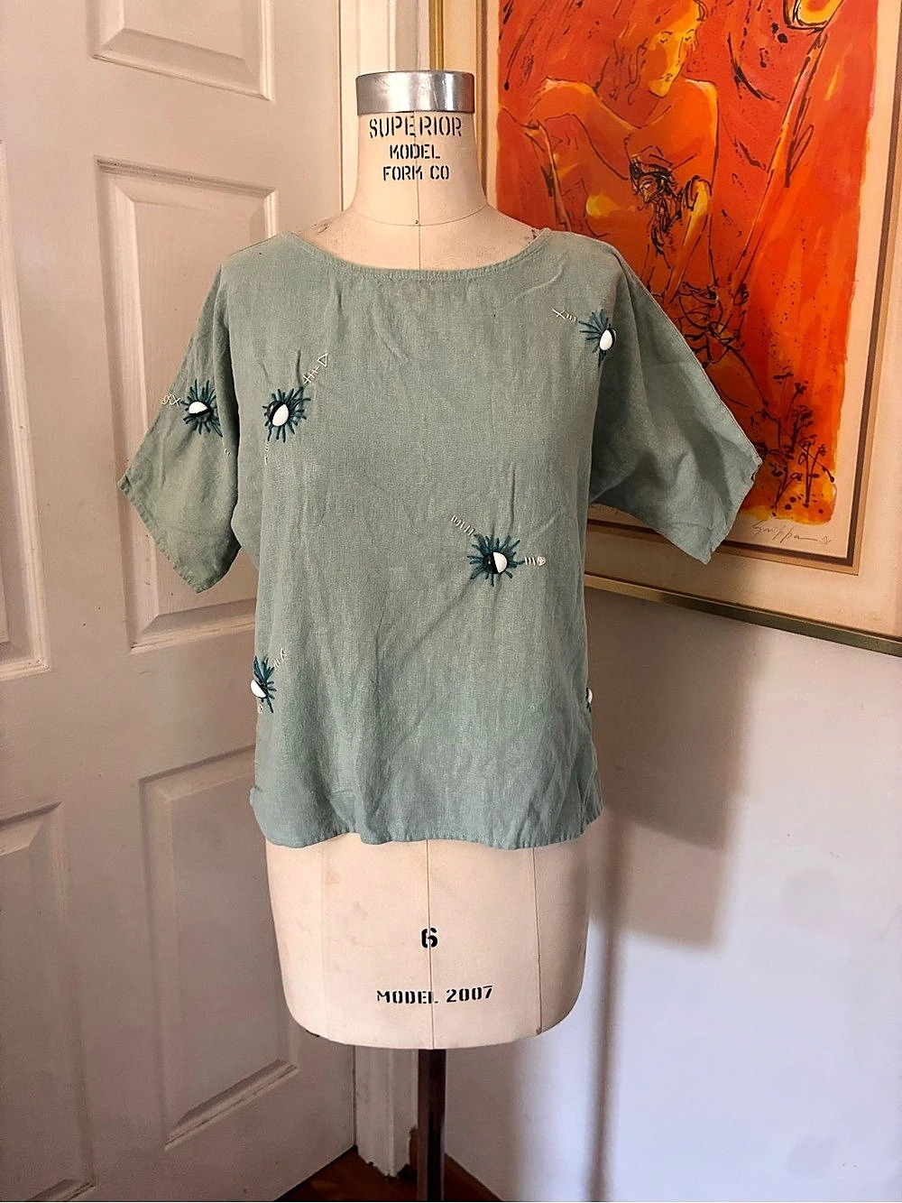 Me & Arrow Embroidered Short Sleeve Blouse in light blue Small